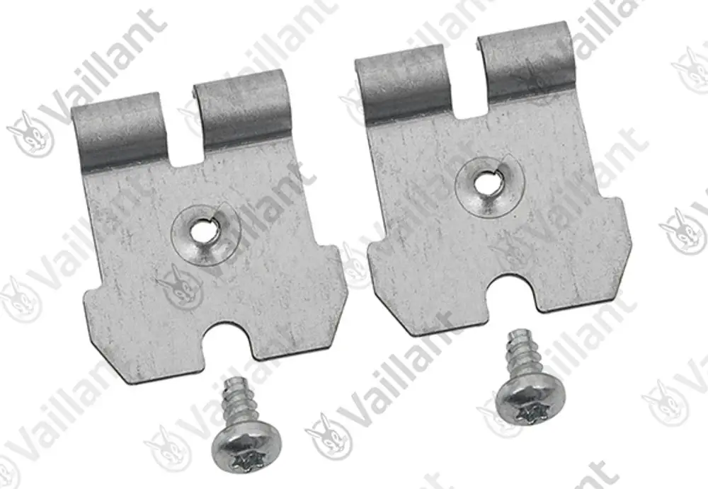 Zwei metallische Halterungen mit Aussparungen und Bohrlöchern sowie Schrauben, hergestellt von Vaillant, wahrscheinlich für die Montage eines Schaltkastens.